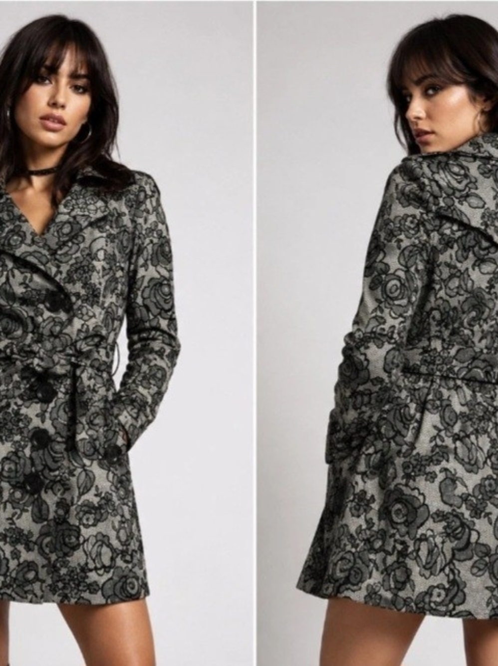 Candie's Grey and Black Floral Lace-Print Trench Coat. Saze XL